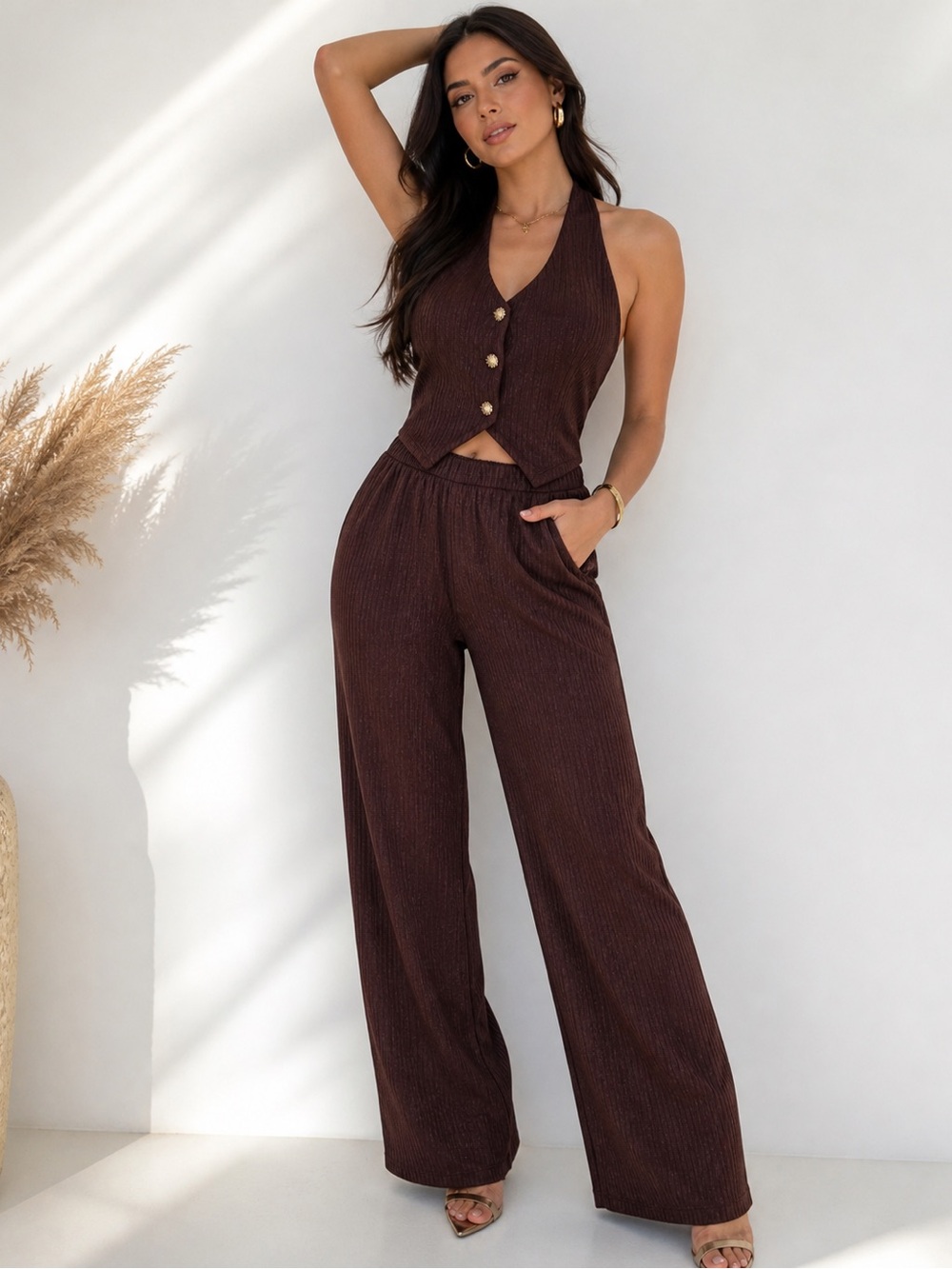 Sleeveless Brown Ribbed Vest & Wide-Leg Pants two pieces set